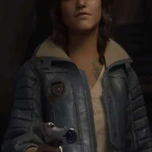 Kay Vess in Star Wars Outlaws 2024 shearling blue leather jacket