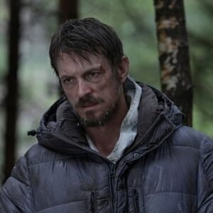 Joel Kinnaman Ice Fall 2025 grey hooded puffer jacket