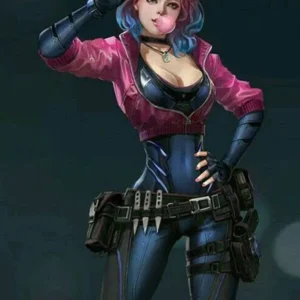 Kira Madroxx in Cyberpunk 2077 cropped pink synthetic leather jacket