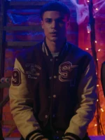 Dylan in My Life with the Walter Boys maroon and beige varsity bomber jacket