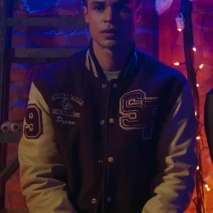 Dylan in My Life with the Walter Boys maroon and beige varsity bomber jacket