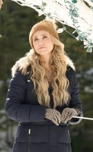 Fiona Gubelmann A Royal Montana Christmas 2025 blue fur hooded puffer coat