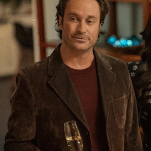 Oliver Hudson A Merry Little Ex-Mas 2025 brown suede leather blazer