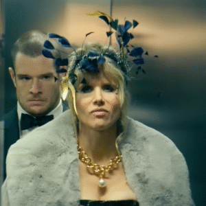 Lucy Punch Jingle Bell Heist 2025 gray faux fur jacket