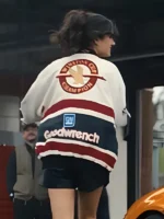 Asha Banks in My Fault London 2025 white satin racing jacket