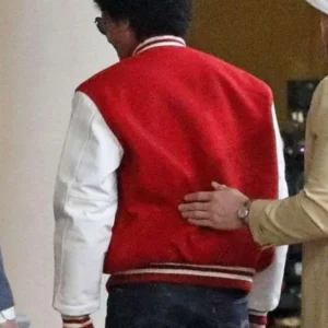 Michael 2025 Movie Jaafar Jackson red and white varsity jacket