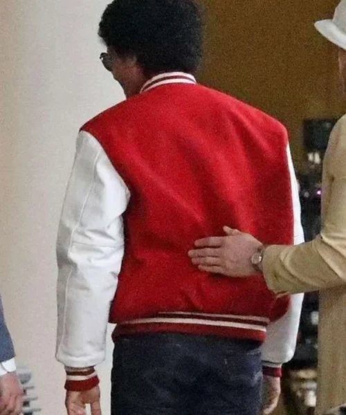 Michael 2025 Movie Jaafar Jackson red and white varsity jacket