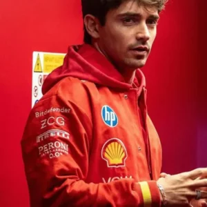Charles Leclerc Drive to Survive racing series red bomber jacket