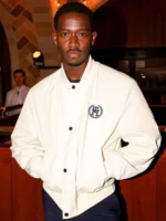 Damson Idris Formula 1 Movie 2025 white satin bomber jacket