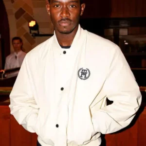 Damson Idris Formula 1 Movie 2025 white satin bomber jacket