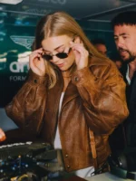 Becky Hill Formula 1 Silverstone brown distressed leather jacket