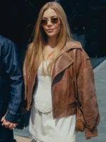 Becky Hill Silverstone Circuit F1 brown leather jacket