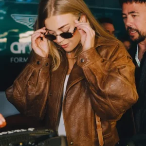 Becky Hill Formula 1 Silverstone brown distressed leather jacket