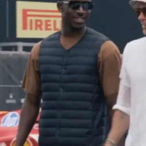Damson Idris F1 The Movie 2025 blue puffer vest