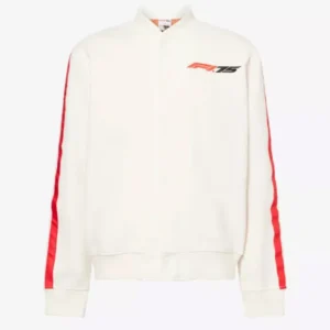 F1’s 75th Anniversary Classic embroidered white varsity jacket