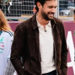 Jack Whitehall F1 British Grand Prix brown suede leather jacket
