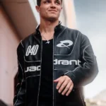 Lando Norris Formula 1 racing driver black leather jacket