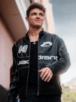 Lando Norris Formula 1 racing driver black leather jacket