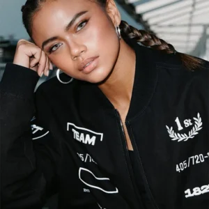 Bianca Bustamante F1 Team Pirelli black bomber jacket
